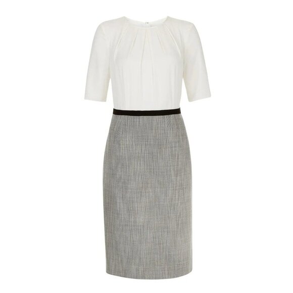 Hobbs London Adalyn Dress NWT White & Grey Sheath Short Sleeve Pleated Top Black - Picture 1 of 8
